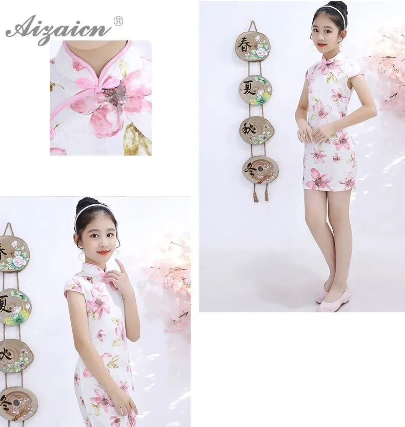 Китайское традиционное платье дети короткие Cheongsam Китай обувь для девочек винтажное платье нации ветер ребенок тонкий Qi Pao платья принцесс