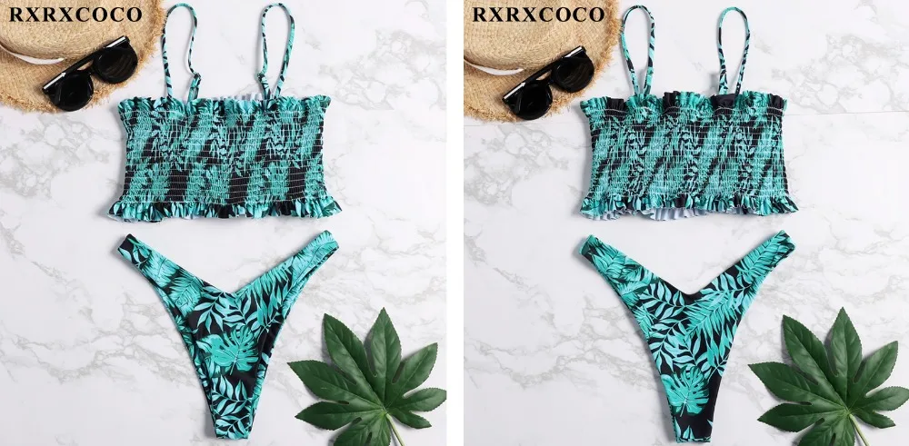 RXRXCOCO купальники для женщин купальник Smocking бикини с высокой талией набор бикини напечатан летний купальник с рюшами пляжная одежда