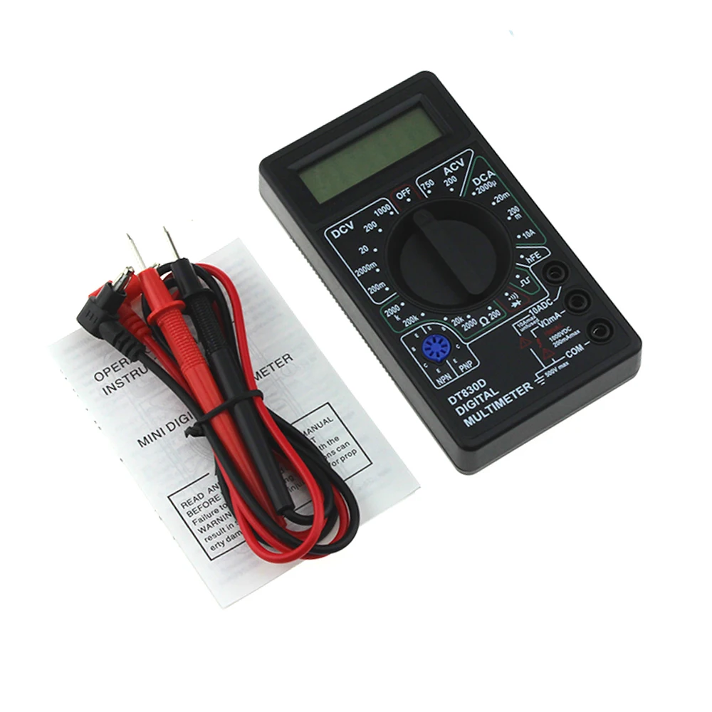 DT830D Мини цифровой мультиметр Вольтметр Напряжение Ампер Ом Тест er DC AC Амперметр измеритель мощности тест с свинцовым зондом зуммер