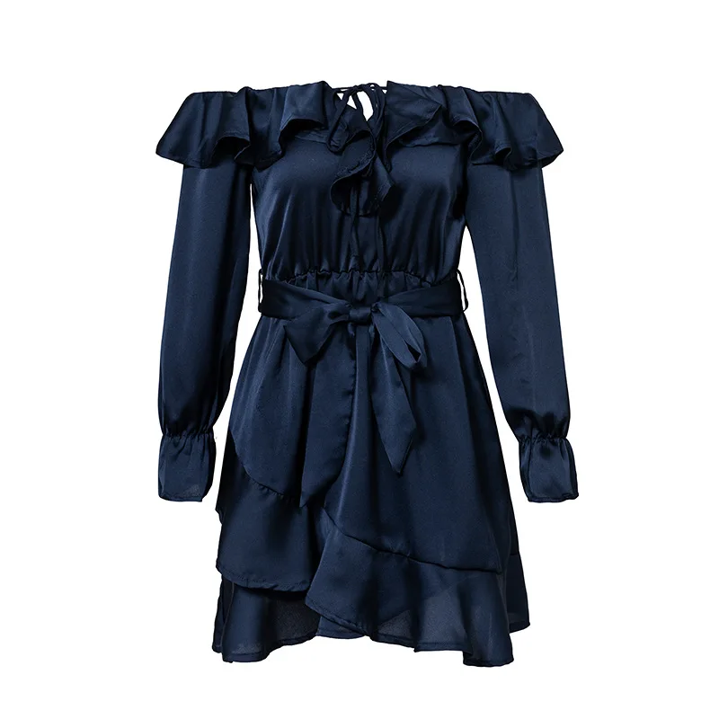 2019 Новое Поступление Оборками Для женщин платья из сатина с открытыми плечами