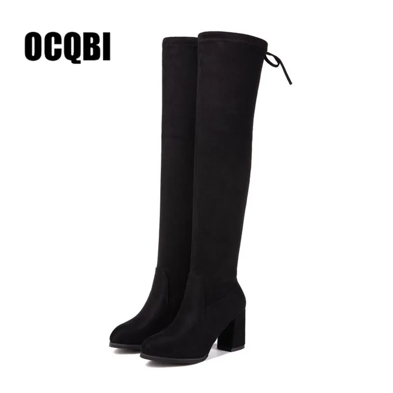 Женские замшевые растягивающиеся сапоги на толстом каблуке 7 5 см теплые высокие