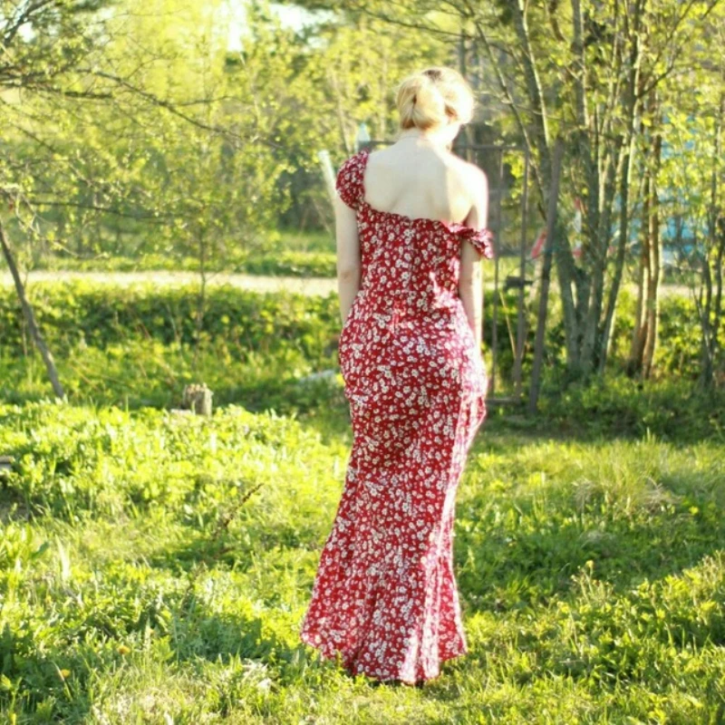 Bohoartist Бохо длинное платье Цветочный принт с открытыми плечами Slash шеи Puff рукавом
