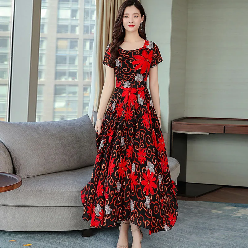 Женское платье с круглым вырезом Летние платья модное до щиколотки цветочным