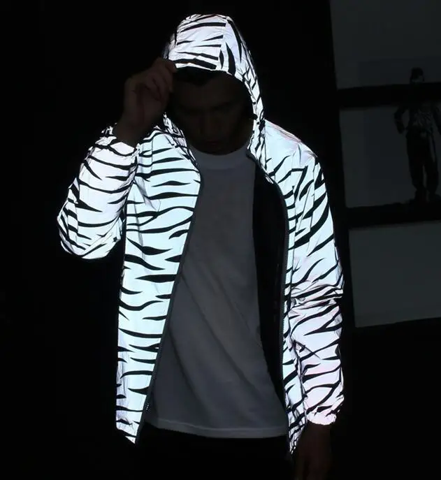 

zebra fluorescent clothing Men jacket casual hiphop windbreaker 3m reflective jacket tide men coat hooded