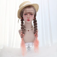 26 long wavy cosplay lolita wig with bangs brown pink ombre synthetic hair party cosplay costume wigs for women heat resistant