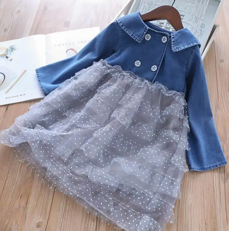 New 2019 Children Girls Jean Mesh Dot Cake Spring Dresses Princess Fashion Cowboy Long Sleeve Dress 5 pcs/lot Free Shipping | Детская
