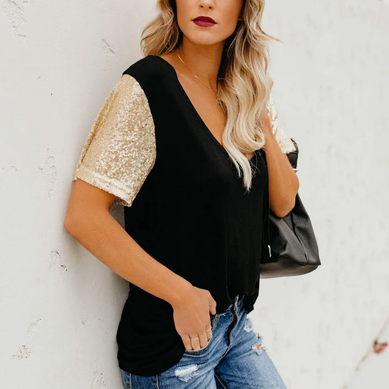 Poleras de mujer 2019 Новая летняя модная женская футболка с пайетками футболки короткими