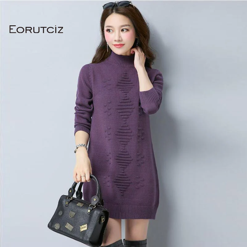 Женское вязаное платье свитер EORUTCIZ базовое осеннее туника с высоким воротником и
