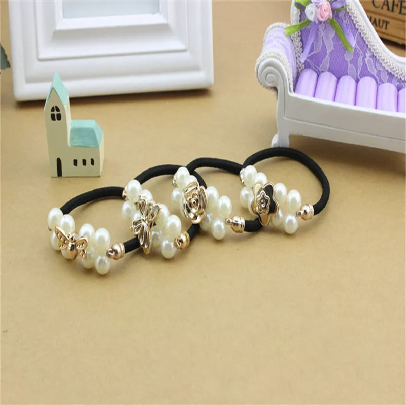 6 шт./лот жемчуг резинки для волос женщин лента резинка с бантом и цветочным