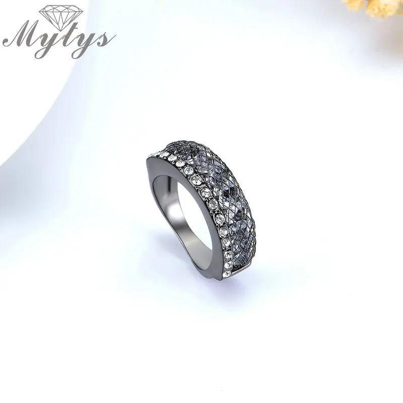 Женское кольцо Mytys черное Сетчатое с кристаллами модный дизайн R1872|crystal rings for