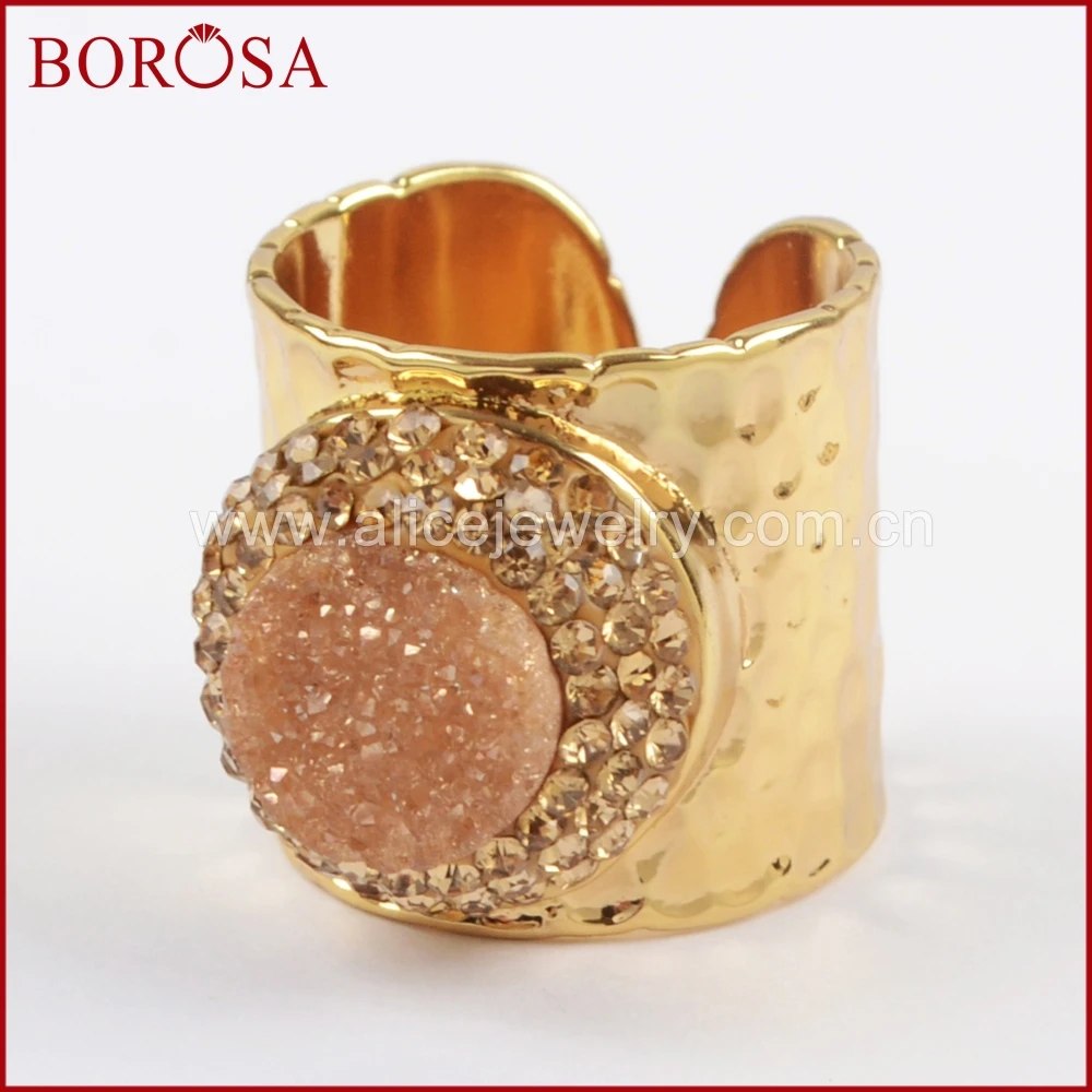 

BOROSA 2018 Round Champagne Druzy Crystal Gold Band Ring Pave Gold Zircons Drusy Gems Crystal Adjustable Rings Jewelry JAB831