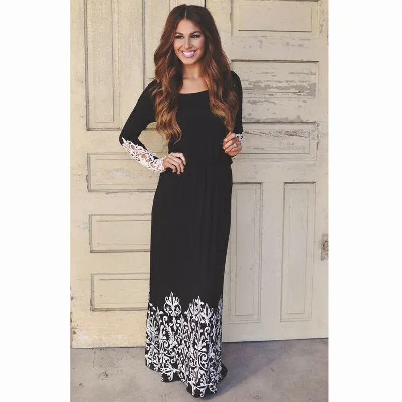 

Women's Ladies Lace Boho Long Sleeve Dress Party Evening Prom Casual Maxi Long Dresses Elegant Slim Dress Black