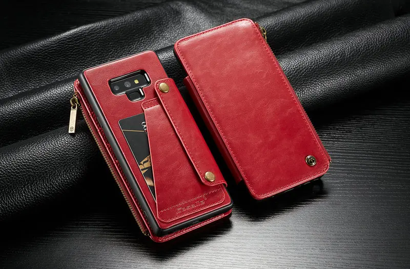 Чехол мне съемный кожаный бумажник чехол для телефона Samsung Galaxy Note 9 с застежкой-молнией слотов для кредитных карт 2 в 1 съемный кожаный чехол-книжка с отделениями для карт