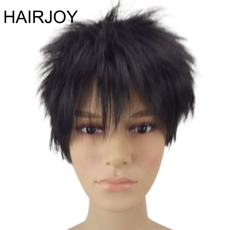 HAIRJOY человек синтетические волосы Natrural черный короткий многослойный парик 1B цвет мужской кудрявый полный парики