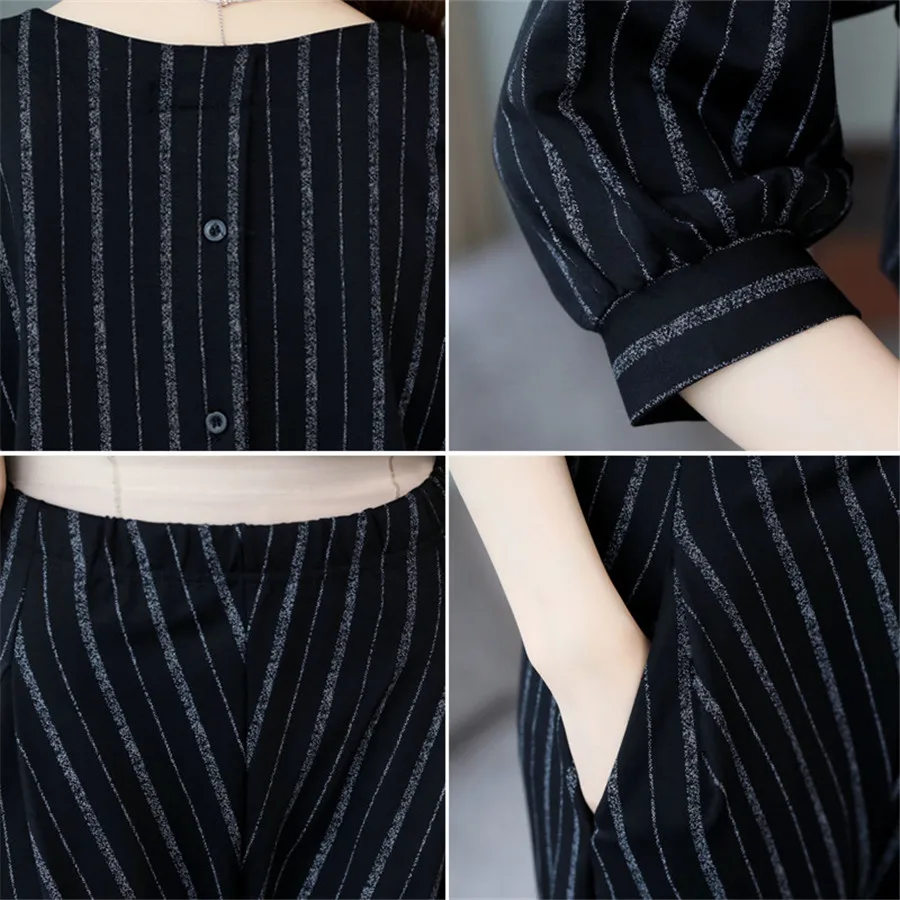 

Spring Autumn Women's Chic Suit Ladies Office Clothing Two Piece Suit Fashion Stripe Top & Pants Set