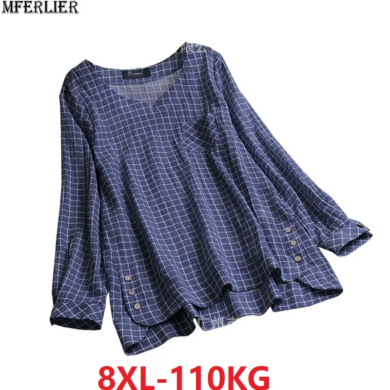 Большие размеры 6XL 7XL 8XL осенние женские рубашки клетчатая повседневная домашняя