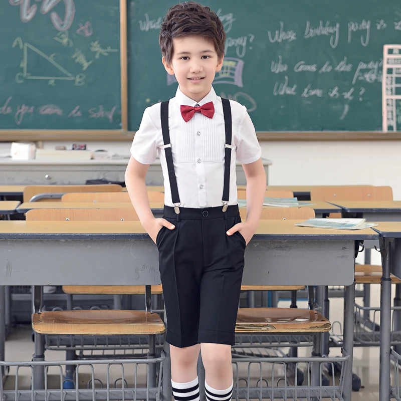 Summer Kids Boys Shorts Clothing Set Children Formal Clothes Wedding prom Suits 4pcs(Shirt+Shorts+Belt+tie) Quality |