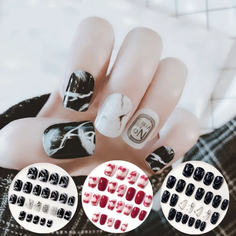 

24pcs Smooth Black White Marble False Nails Natural Texture Detachable Full Cover Fake Nail Tips DIY Nail Art Manicure Products