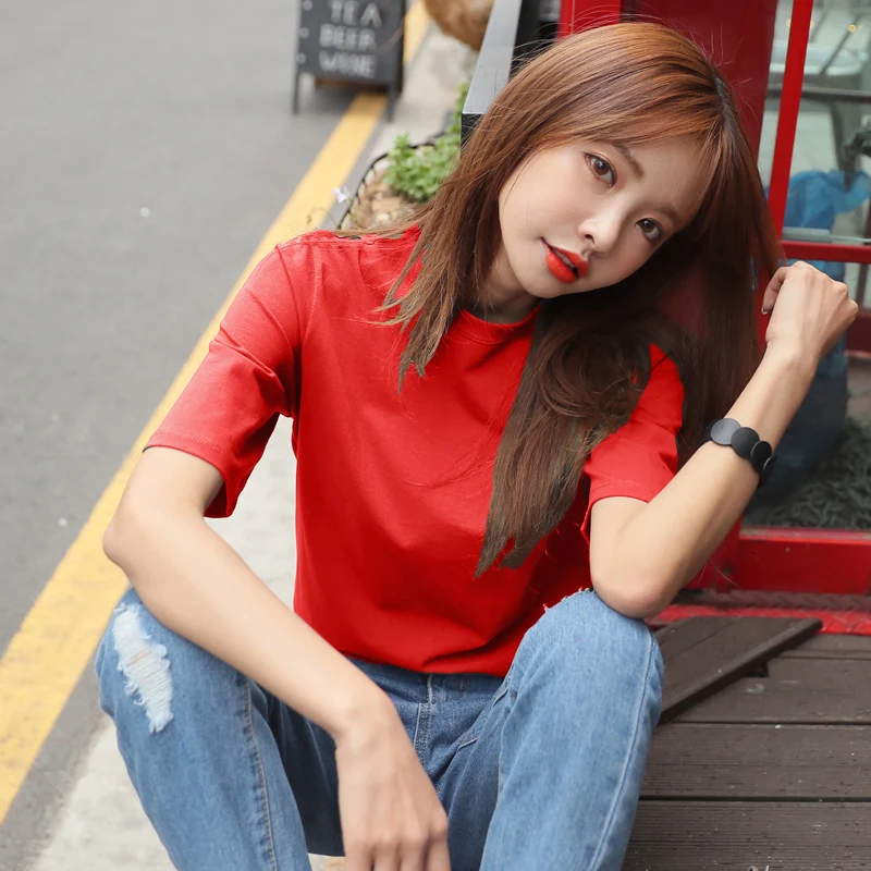 2018 spring summer girls solid t shirt short sleeve o neck women tops plus size 4XL cotton casual red shirts | Женская одежда