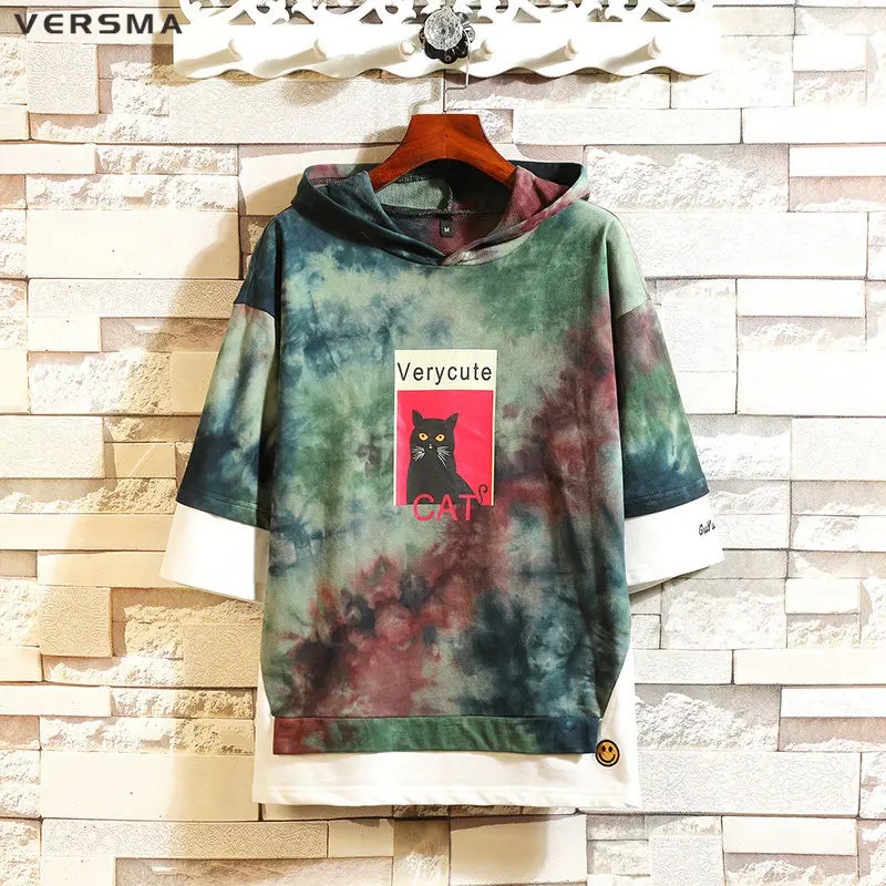 VERSMA, Корейская, Harajuku, с капюшоном, камуфляжная, с рисунком кота, футболка, мужская, летняя, хип-хоп, Swag, уличная, свободная, фальшивая, из двух частей, футболка для мужчин