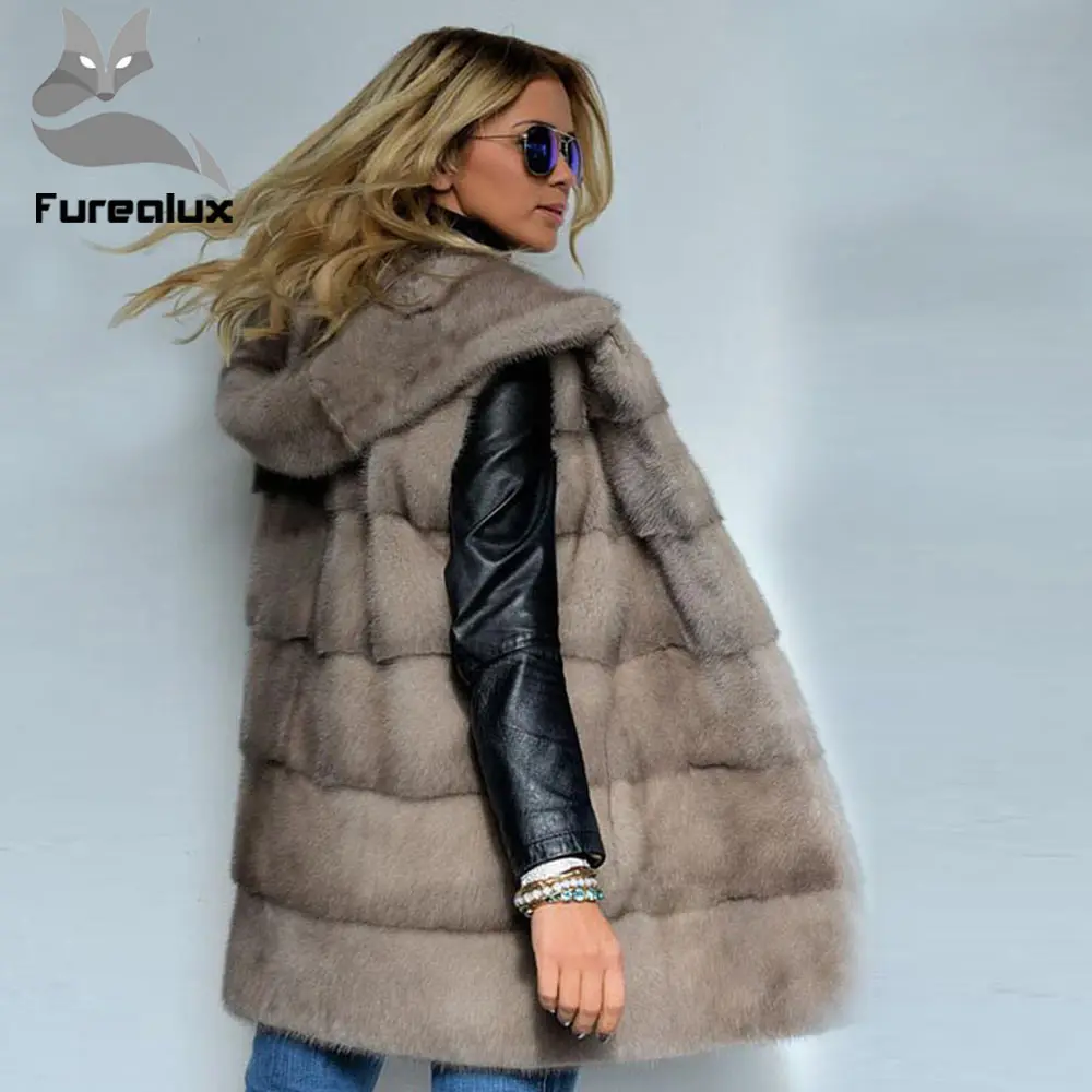 Furealux 2019 новый цельный жилет из натурального меха норки с капюшоном теплые