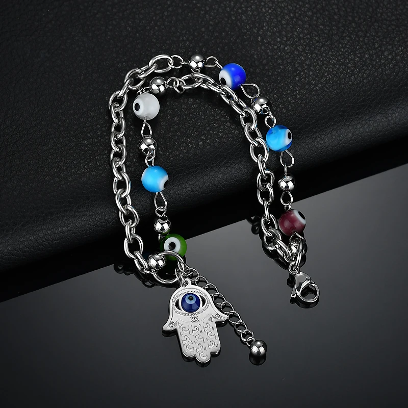Двухслойный турецкий браслет Hamsa из нержавеющей стали YUKAM на удачу с изображением