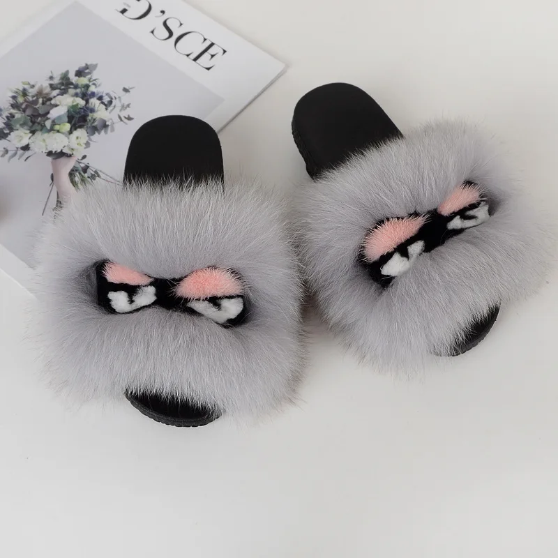 

woman Cute Little Monster Slippers Fox Fur Slides Women Furry Slippers Summer Shoes Woman Sandals Luxury Comfy Plus Size Shoes