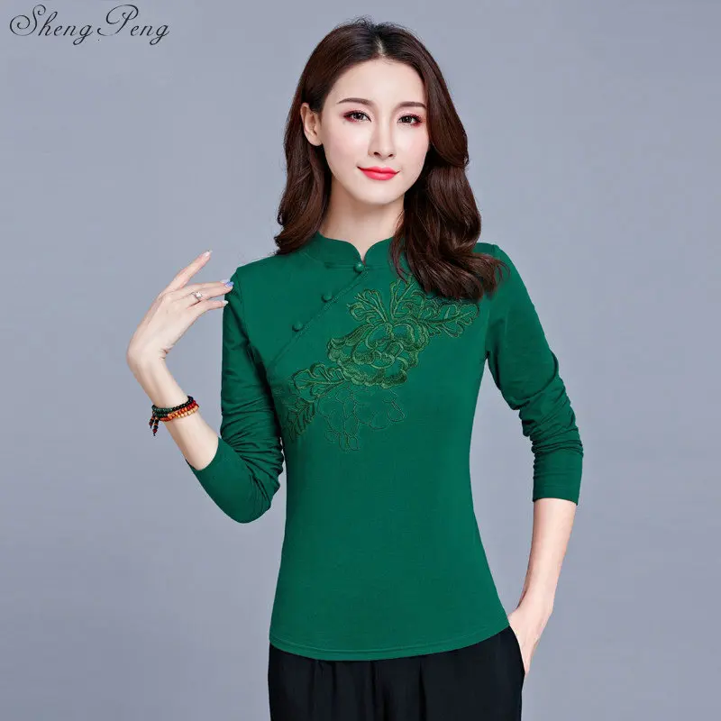Cheongsam Топ Традиционный китайский костюм для женщин рубашка с длинными рукавами хлопок винтажная одежда Топ И Блузка G117 - Color: 1