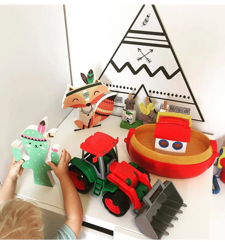 Cute Fox Animal Building Block Wooden Toy Model Wall Stickers Posters For Kid Room Cartoon Nursery Home Children Decoration | Дом и сад