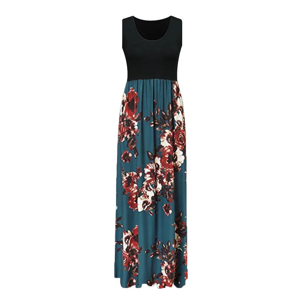 Платья женские повседневные без рукавов с круглым вырезом и принтом Макси платье
