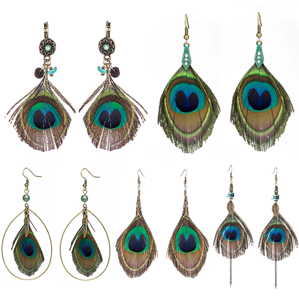 

2019 Women's Feather earring Ethnic Round Wooden Beads Peacock Feather Long tassel earrings for women Vintage Bohemian jewelry