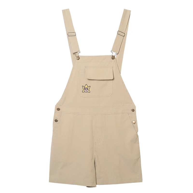 Summer New Kawaii Playful Cartoon Embroidery Khaki Strap Shorts For Women Ladies Overalls Cotton
