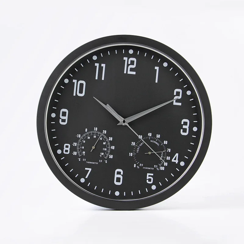 Black Dial-Black 14 дюймовые бесшумные кварцевые настенные часы с термометром гигрометром, бесшумные механические настенные часы, современный дизайн - Цвет: Black Dial-Black
