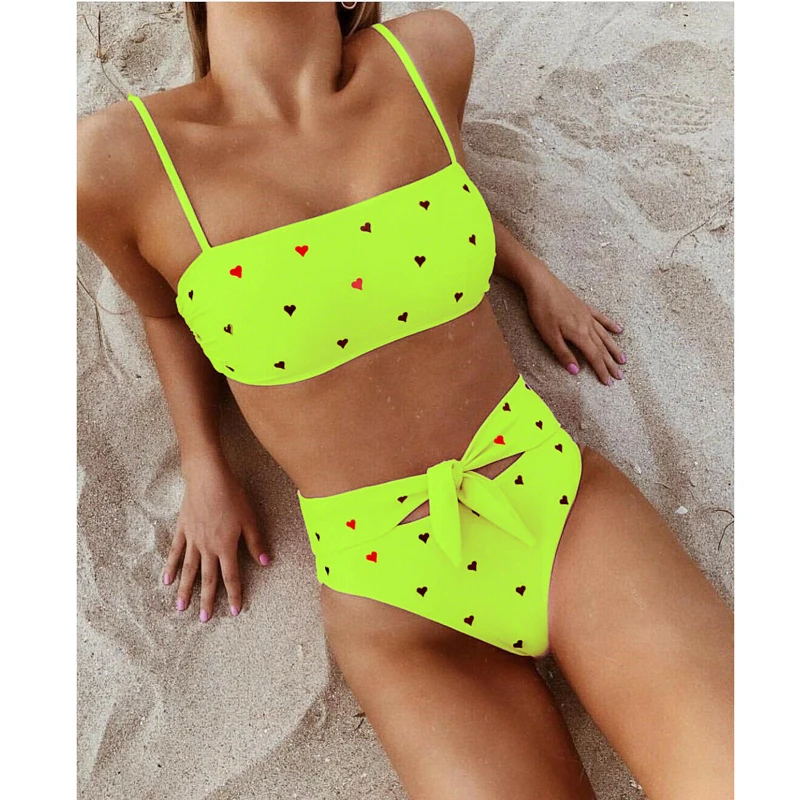 Neon Yellow Сексуальный женский комплект бикини Высокая талия с бантом купальник пуш-ап мягкий бюстгальтер купальник купальный костюм бикини с принтом сердца - Цвет: Neon Yellow