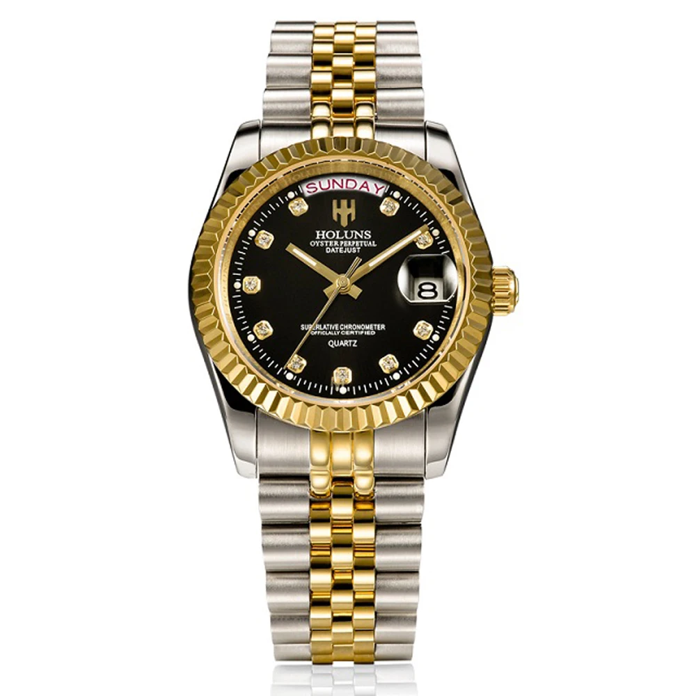

Holuns brand watch classic mens watches fashion role gold watch diamonds quartz business male wristwatch calendar 50M waterproof