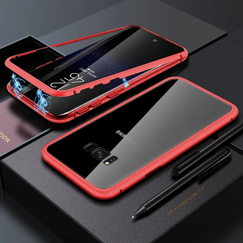 Металлический магнитный чехол для samsung Galaxy A50 A70 A30 A20 A10 A60 чехлы с закаленным стеклом для samsung A6 J6 J4 Plus A9 A7 A8 - Цвет: Red
