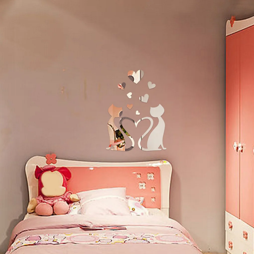 Милые зеркальные наклейки на стену с изображением влюбленных кота Мультяшные