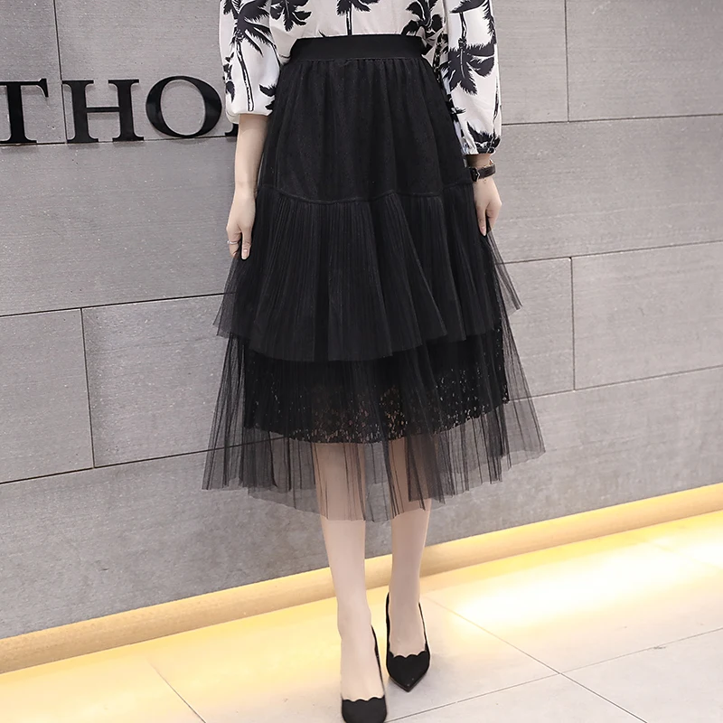 

Spring Summer Tulle Skirts Womens 2018 High Waist Elasticity Pleated Skirts Korean Long Skirt Double Flounced Gauze Lace Skirts