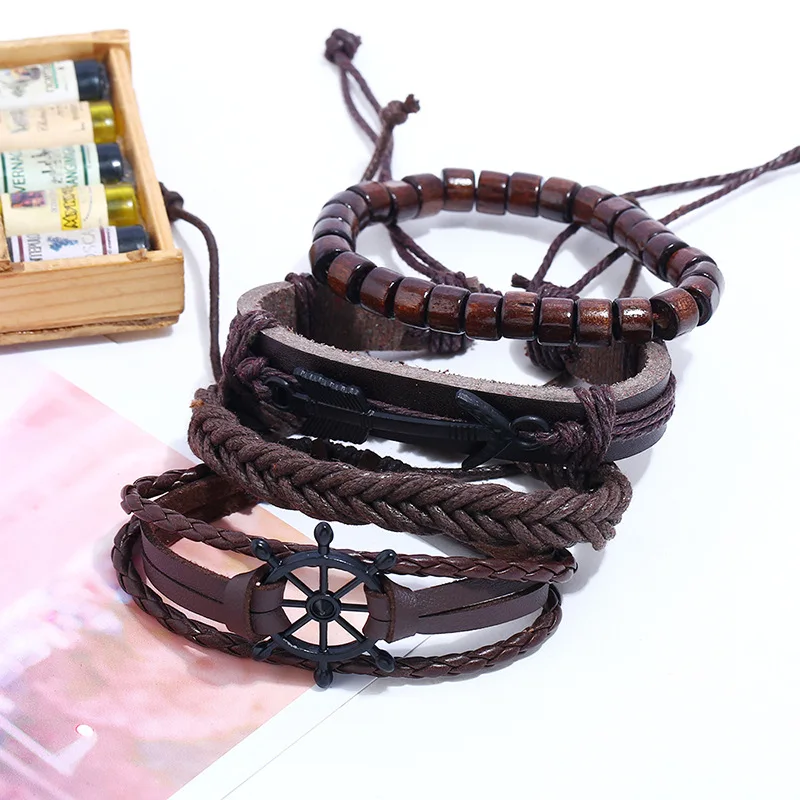 Punk Rock Vintage Fashion Handmade Bracelet Genuine Leather Arrow Rudder Beads Woven Charm Wristbands Bangle Multi-layer Jewelry | Украшения