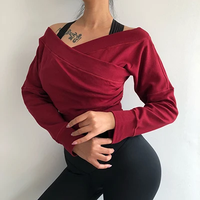 Sexy длинным рукавом спортивный укороченный топ для Для женщин тренажерный зал Фитнес рубашка Костюмы Activewear Спортивная футболка Танцы Йога тренировки верхней части рубашки - Цвет: Красный