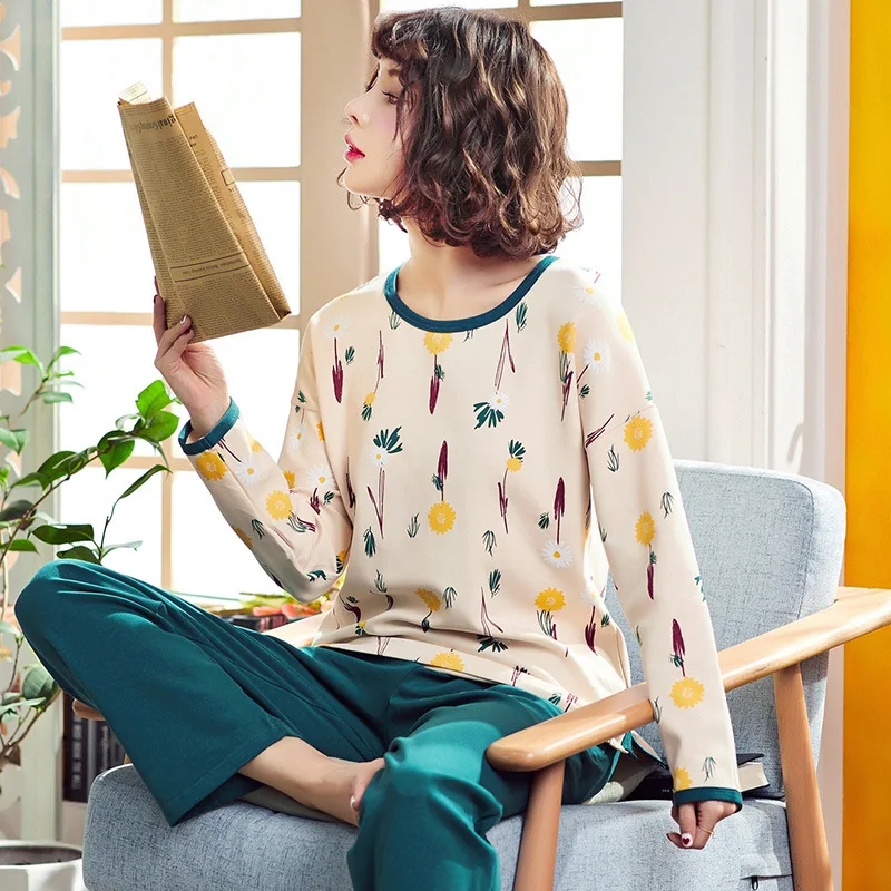2018 New Autumn Pure Cotton Women Pajamas Long Sleeve Wide-legged Pants Home Clothes Nightgowns Sleep Lounge 2XL Plus Size | Женская