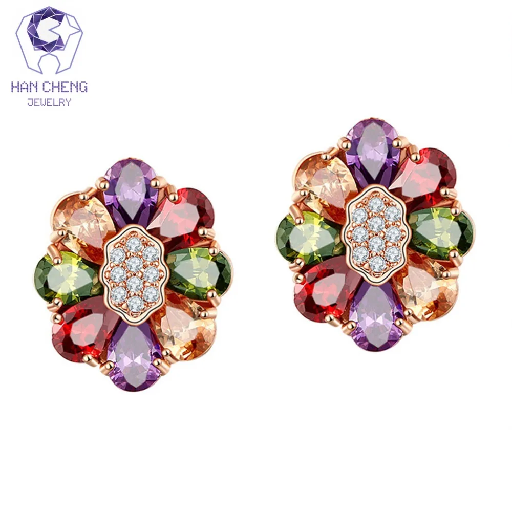 HanCheng New Fashion Luxury Copper Golden Plated Nail AAA Zircon Gem Stone Flower Stud Earrings For Women Jewelry brincos bijoux | Украшения