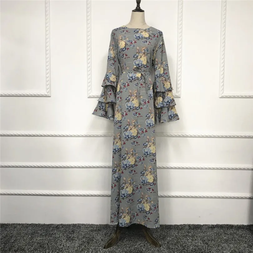 2020 мусульманское платье с цветочным принтом Abaya расклешенными рукавами