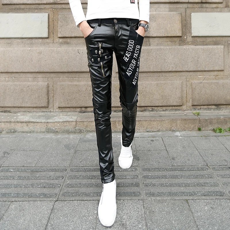 Мужские облегающие брюки красные кожаные в Корейском стиле зима 2018 | Мужская