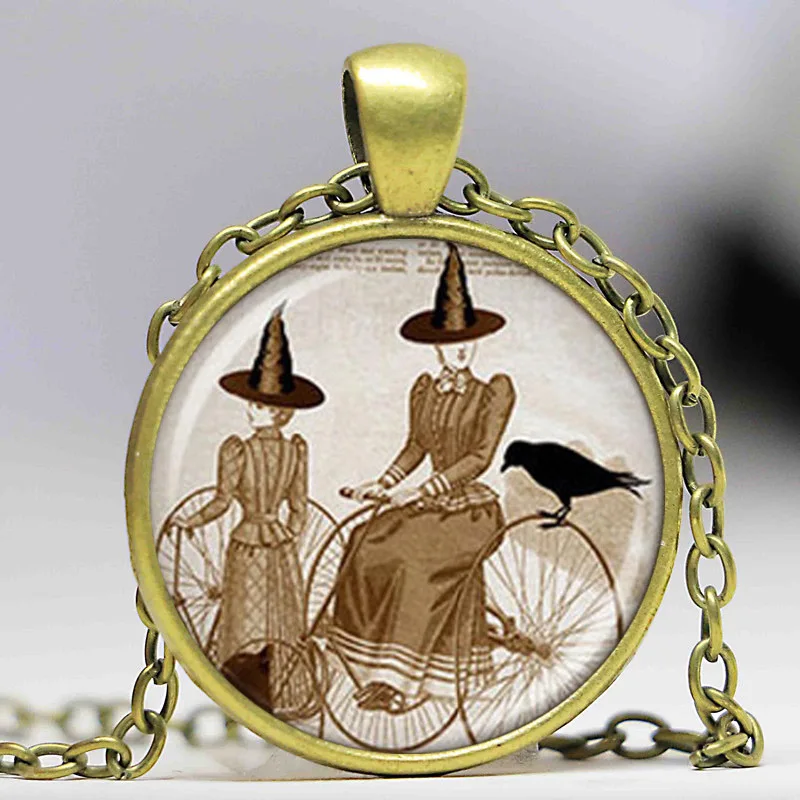 Wholesale Glass Dome cabochon new fashion hot bicycle witch halloween pendant necklace glass dome jewelry for men women | Украшения и