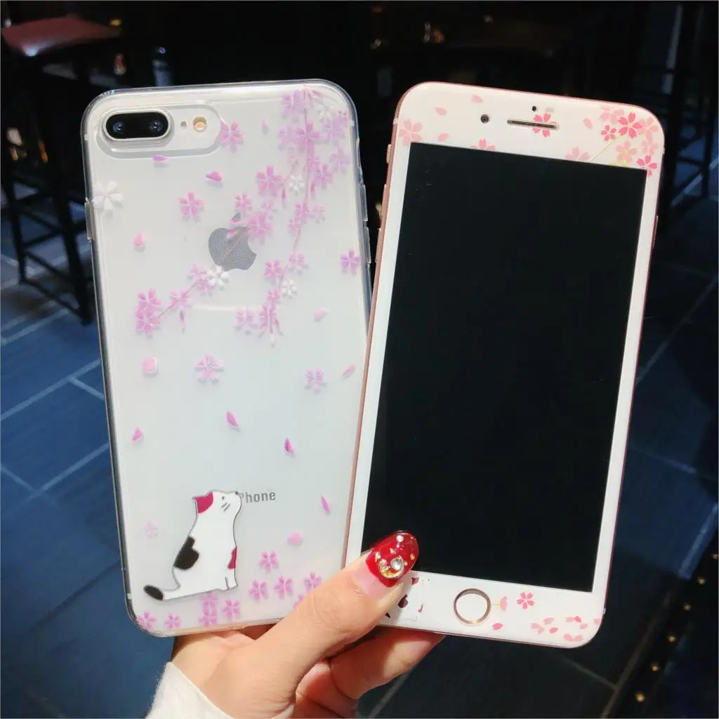 For iphone 8 8Plus case blossom Soft Cover + Tempered Glass Screen Flim for iPhone 6 6S 6sPlus 7 7plus Sakura Cat |