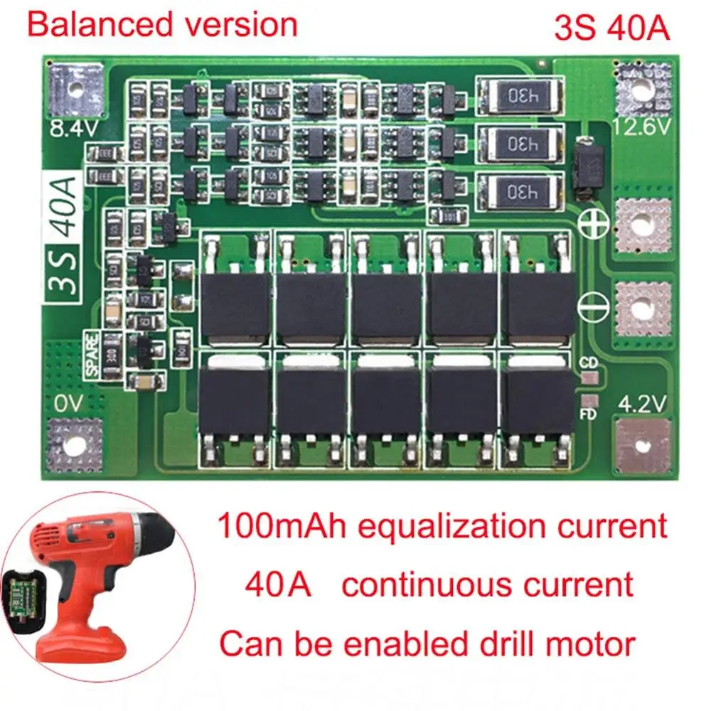 3S 40A Balance 3S 40A BMS 11,1 V 12,6 V 18650 Защитная плата для литиевой батареи BMS плата для стандартного баланса обновленная версия для дрели - Цвет: 3S 40A Balance