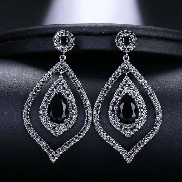 balck EMMAYA Shiny Leaf Shaped Dangling Big CZ Bridal Silver Black Crystal Long Drop Earrings For Women Wedding Fashion Jewelry Gift - Окраска металла: balck