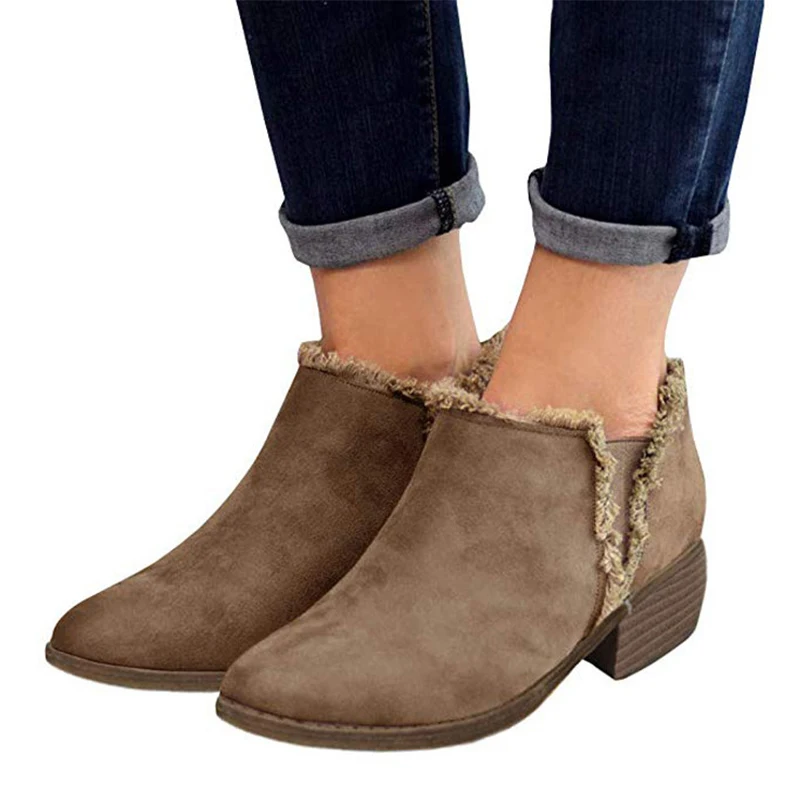 Женские ботильоны на массивном каблуке Осенняя обувь без шнуровки с острым