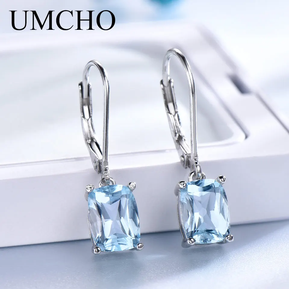 Женские серьги подвески с небесно голубым топазом UMCHO из настоящего серебра 925
